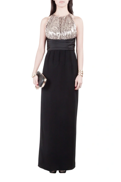 Pre-owned Mikael Aghal Black Crepe And Gold Sequin Embellished Gown S