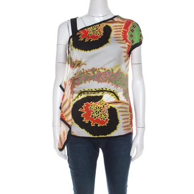 Pre-owned Roberto Cavalli Multicolor Abstract Printed Silk Asymmetrical Shoulder Detail Top S
