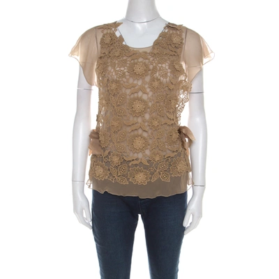 Pre-owned Alberta Ferretti Beige Chiffon And Lace Overlay Top S