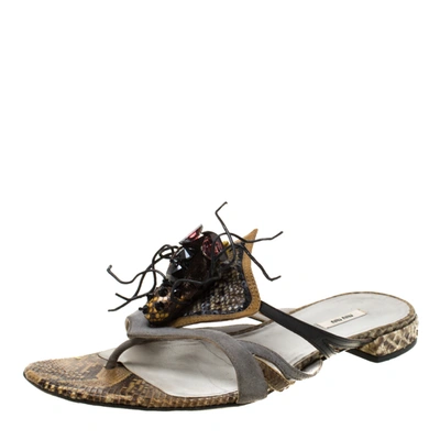 Pre-owned Miu Miu Multicolor Python Leather And Suede Spider Embellished Flat Sandals Size 37