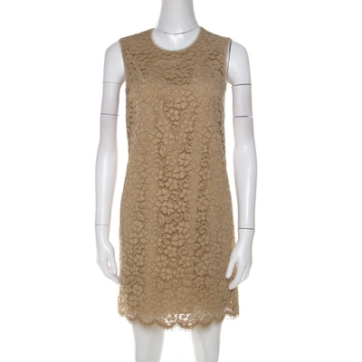 Pre-owned Dolce & Gabbana Beige Cotton Floral Lace Overlay Sleeveless Shift Dress S