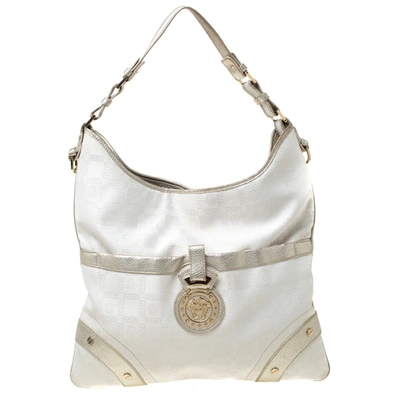 Pre-owned Versace White/silver Signature Fabric And Leather Hobo