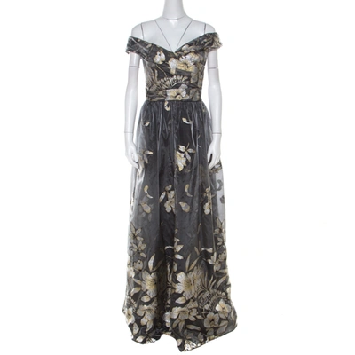 Pre-owned Marchesa Notte Grey Metallic Floral Fil Coupe Layered Off Shoulder Gown L