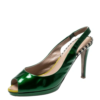 Pre-owned Sergio Rossi Green Patent Leather Peep Toe Slingback Sandals Size 37