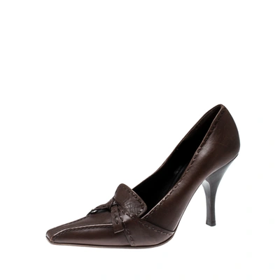 Pre-owned Prada Brown Leather Top Stitch Pointed Toe Pumps Size 36.5