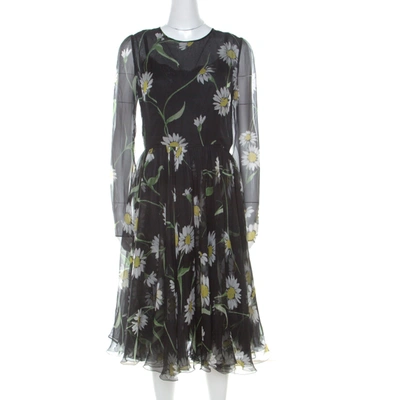 Pre-owned Dolce & Gabbana Black Sunflower Print Silk Gathered Midi Dress M