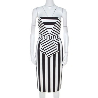 Pre-owned Cushnie Et Ochs Black And White Striped Neoprene Strapless Dress Xs