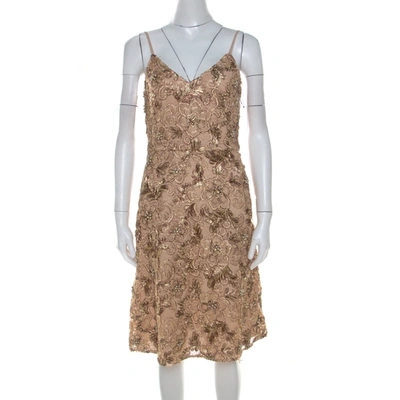 Pre-owned Mikael Aghal Gold Embellished Lace Cocktail Dress S