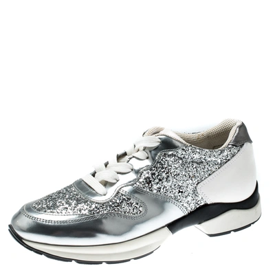 Pre-owned Tod's Metallic Silver Glitter And Leather Sportivo Lace Up Sneakers Size 36