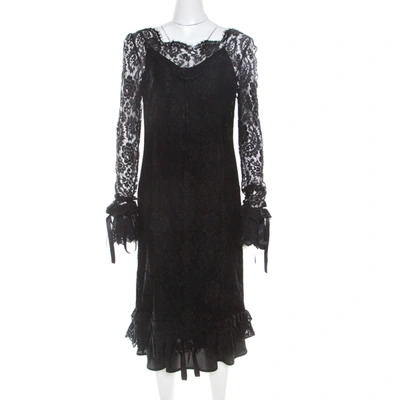 Pre-owned Dolce & Gabbana Black Lace Ruffle Sleeve And Hem Detail Midi Dress M
