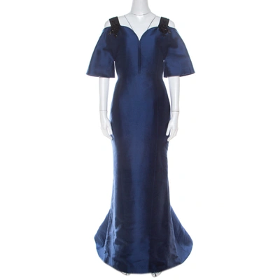 Pre-owned Carolina Herrera Navy Blue Silk Blend Embellished Strap Evening Gown S