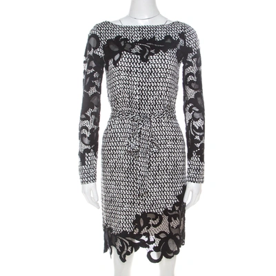 Pre-owned Diane Von Furstenberg Monochrome Geometric Print Silk Floral Lace Appliqué Ernestina Dress Xs In Black