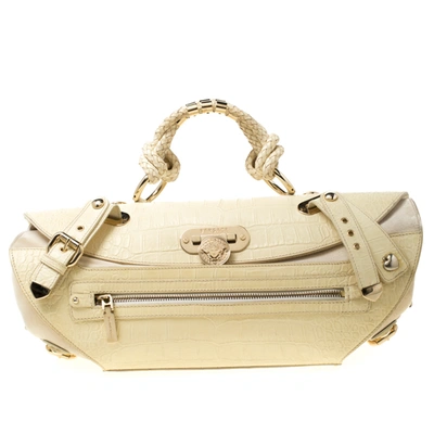 Pre-owned Versace Cream Croc Embossed Leather And Suede Medium Canyon Bag