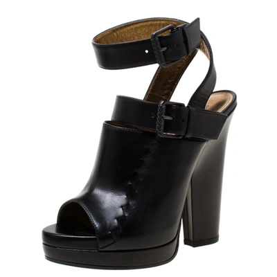 Pre-owned Bottega Veneta Black Intrecciato Detail Leather Peep Toe Ankle Wrap Platform Sandals Size 38