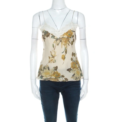 Pre-owned Dior Christian  Beige Floral Silk Lace Trim Camisole Top M