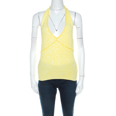 Pre-owned Blumarine Yellow Animal Patterned Jacquard Bead Embellished Backless Halter Top M