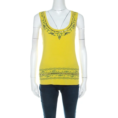 Pre-owned Alberta Ferretti Yellow Paisley Printed Cotton Sequin Detail Top L