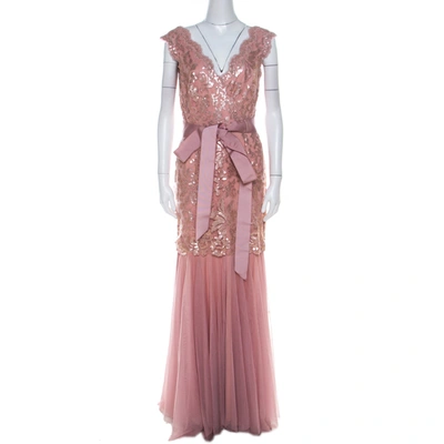 Pre-owned Tadashi Shoji Dusty Rose Sequin Embellished Scalloped Lace Detail Tulle Gown M In Pink