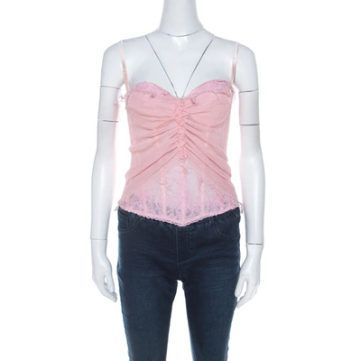 Pre-owned Ermanno Scervino Pink Pleated Silk Frayed Detail Ruffled Corset Top M