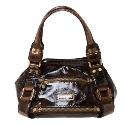 Pre-owned Jimmy Choo Jimmy Choco Brown Patent Leather And Suede Mahala Satchel