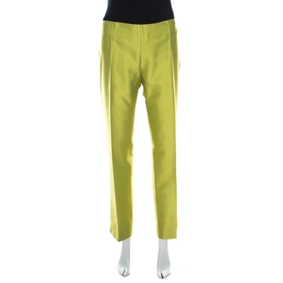 Pre-owned Moschino Bright Green Silk Blend Flat Front Straight Leg Trousers L
