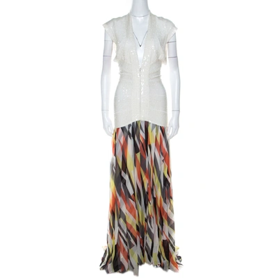 Pre-owned Herve Leger White Sequin Knit And Multicolor Printed Chiffon Backless Maxi Dress S