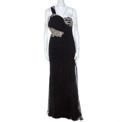 Pre-owned Marchesa Black Silk Embellished Bodice Evening Gown M