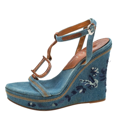 Pre-owned Dior Blue Denim Embroidered Ankle Wrap Wedge Platform Sandals Size 36.5