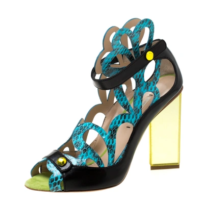 Pre-owned Nicholas Kirkwood Multicolor Laser Cut Python Embossed And Leather Mirror Block Heels Sandals Size 39