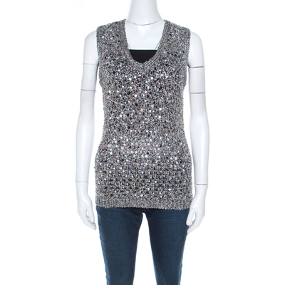 Pre-owned Zac Posen Grey Sequin Paillette Embellished Knit Waistcoat L In Silver