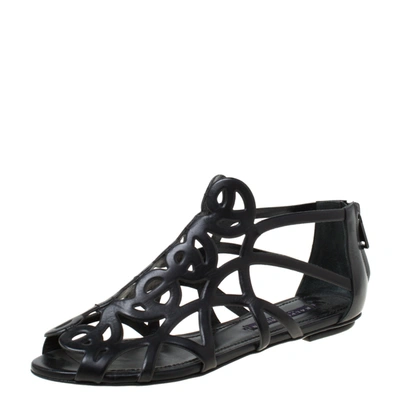 Pre-owned Ralph Lauren Collection Black Leather Cut Our Flat Sandals Size 37