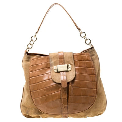 Pre-owned Furla Tan Suede And Croc Embossed Leather Hobo