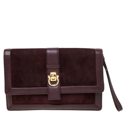 Pre-owned Ferragamo Burgundy Suede And Leather Clutch