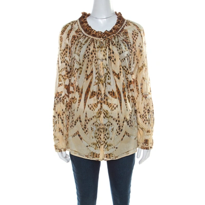 Pre-owned Roberto Cavalli Beige Leopard Printed Cotton Ruched Neckline Poet Blouse M