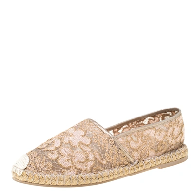 Pre-owned Valentino Garavani Metallic Pink Lace Espadrille Flats Size 40