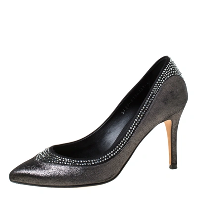 Pre-owned Gina Crystal Embellished Textured Fabric Pointed Toe Pumps Size 37 In Black