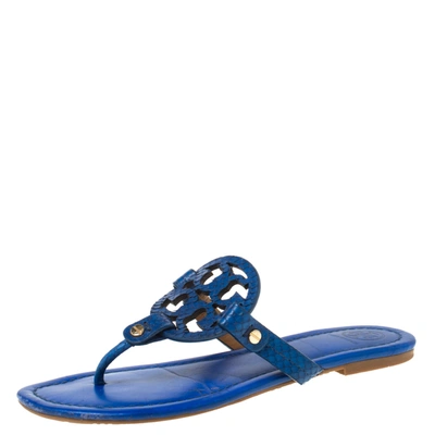 Pre-owned Tory Burch Blue Leather And Snakeskin Embossed Miller Flat Thong Sandals Size 37.5