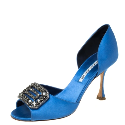 Pre-owned Manolo Blahnik Blue Satin Alicia Embellished Peep Toe Sandals Size 37