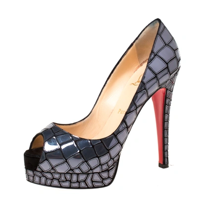 Pre-owned Christian Louboutin Grey Mirror Leather And Satin Sobek 140 Platform Pumps Size 36.5