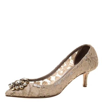 Pre-owned Dolce & Gabbana Beige Crystal Embellished Lace Bellucci Pointed Toe Pumps Size 37.5