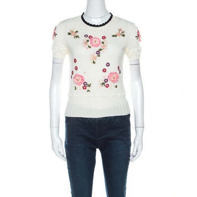 Pre-owned Red Valentino Cream Floral Applique Cotton Knit Top S