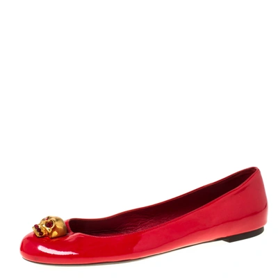 Pre-owned Alexander Mcqueen Red Leather Skull City Ballet Flats Size 40