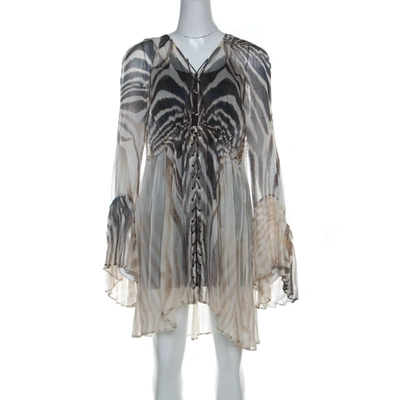 Pre-owned Just Cavalli Cream And Grey Tiger Printed Silk Tie Front Sheer Dress L