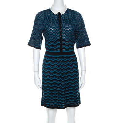 Pre-owned M Missoni Blue & Black Wave Patterned Knit Detachable Collar Short Sleeve Dress M