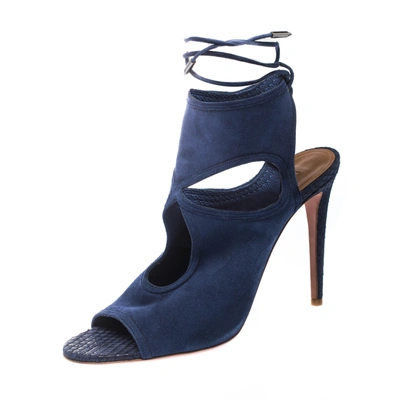 Pre-owned Aquazzura Blue Cutout Suede And Snakeskin Sexy Thing Peep Toe Sandals Size 41