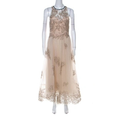 Pre-owned Monique Lhuillier Beige Tulle Sequin Embellished Evening Dress M
