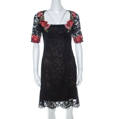 Pre-owned Marchesa Notte Black Lace Floral Applique Backless Short Dress S