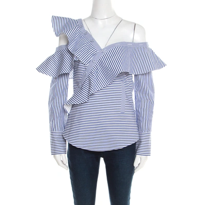 Pre-owned Self-portrait Blue And White Striped Ruffle Detail Off Shoulder Asymmetric Shirt S