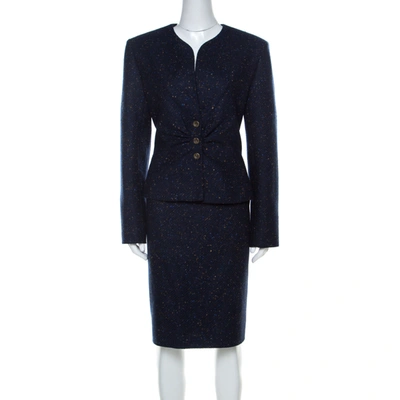 Pre-owned Valentino Dark Blue Patterned Tweed Wool Blazer And Skirt Set Xl
