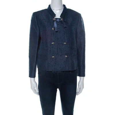 Pre-owned Valentino Blue Silk Jacquard Box Fit Cropped Jacket L